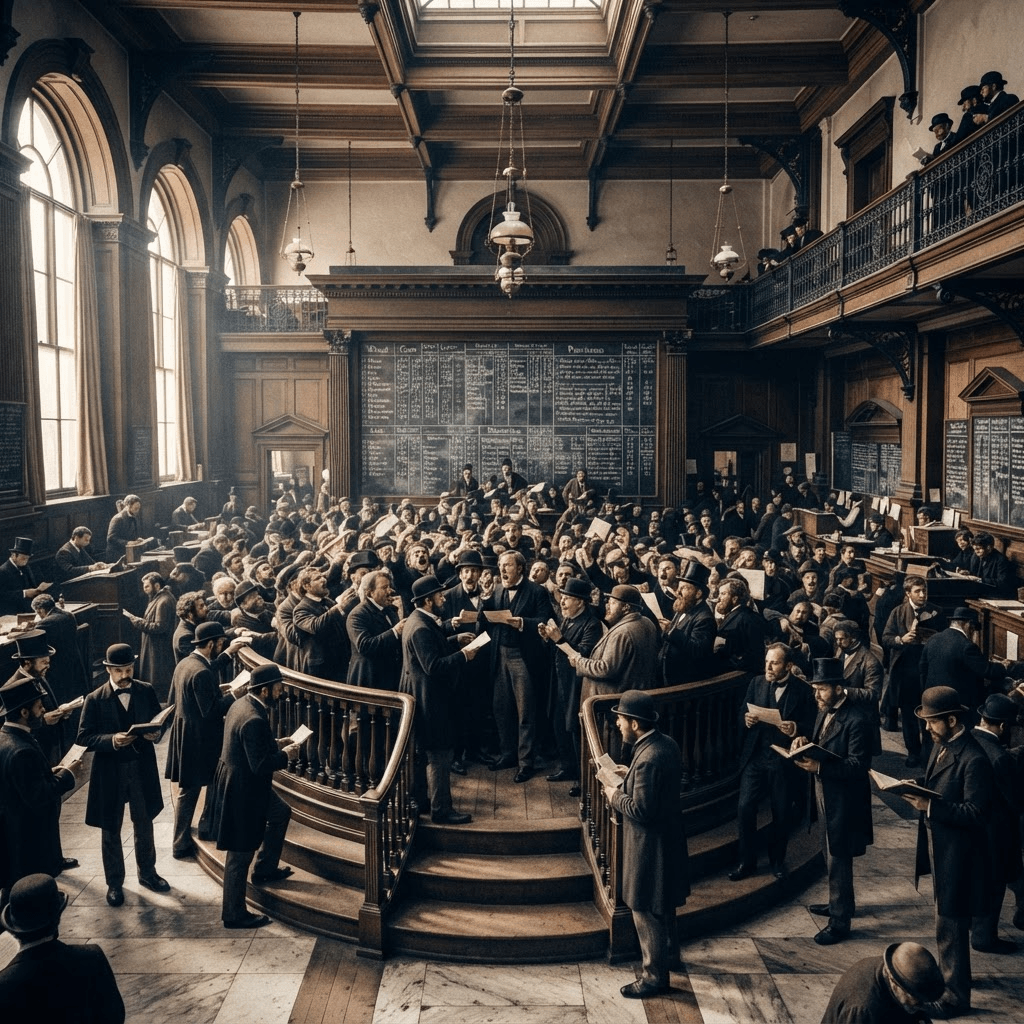 Archival photograph of a crowded 19th-century commodity exchange trading floor, rendered in high-contrast black and white